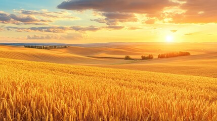 Obraz premium Rolling hills covered in golden wheat, under a dramatic sunset sky, serene rural scene with plenty of copy space.