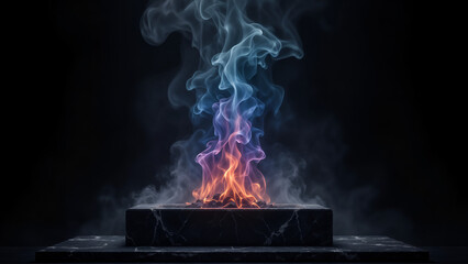 Mystical Orange-Pink-Purple Fire with Bluish Smoke on Dark Gray Marble Platform Against Black Background