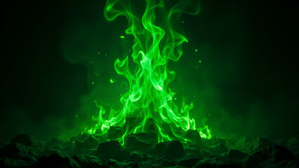 Otherworldly Vibrant Green Fire with Ethereal Quality Burning Among Dark Textured Rocks Against Black Background