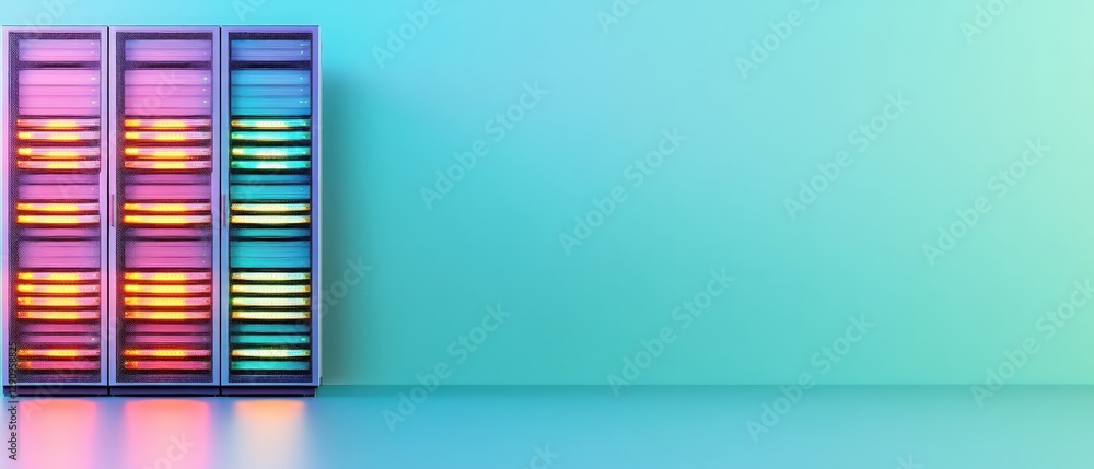 Poster colorful server rack with neon lights in a modern digital environment