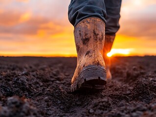 Person walking on dirt in muddy work boots