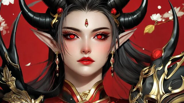 Fantasy character design featuring a mysterious female with red eyes and intricate armor in a vibrant red setting