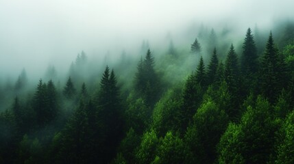 Misty Green Forest on a Mountainside