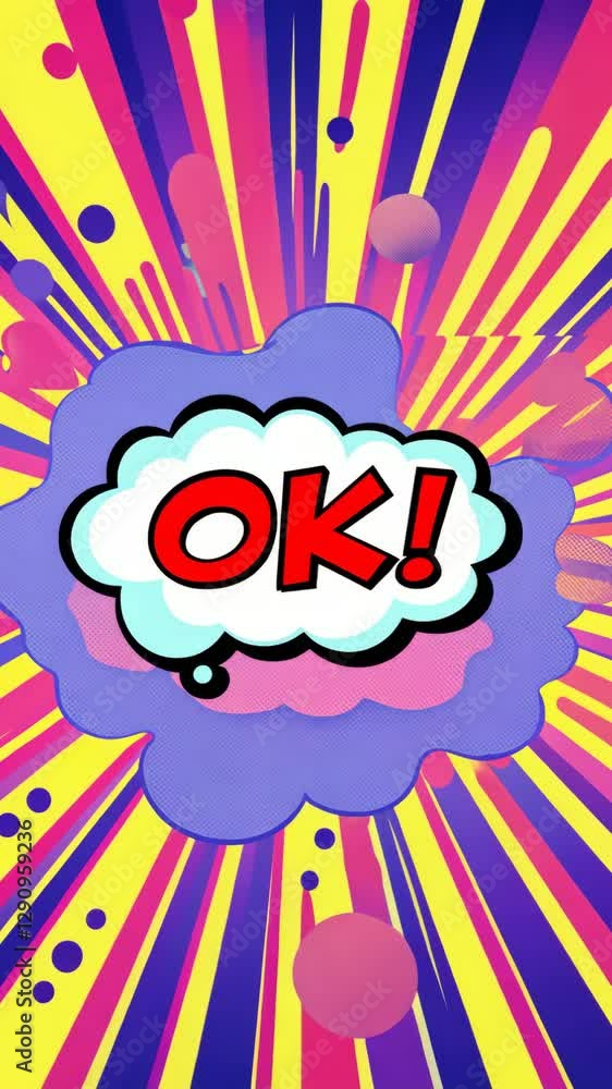 Poster A colorful explosion with the word OK written in red. The explosion is surrounded by a yellow and blue background