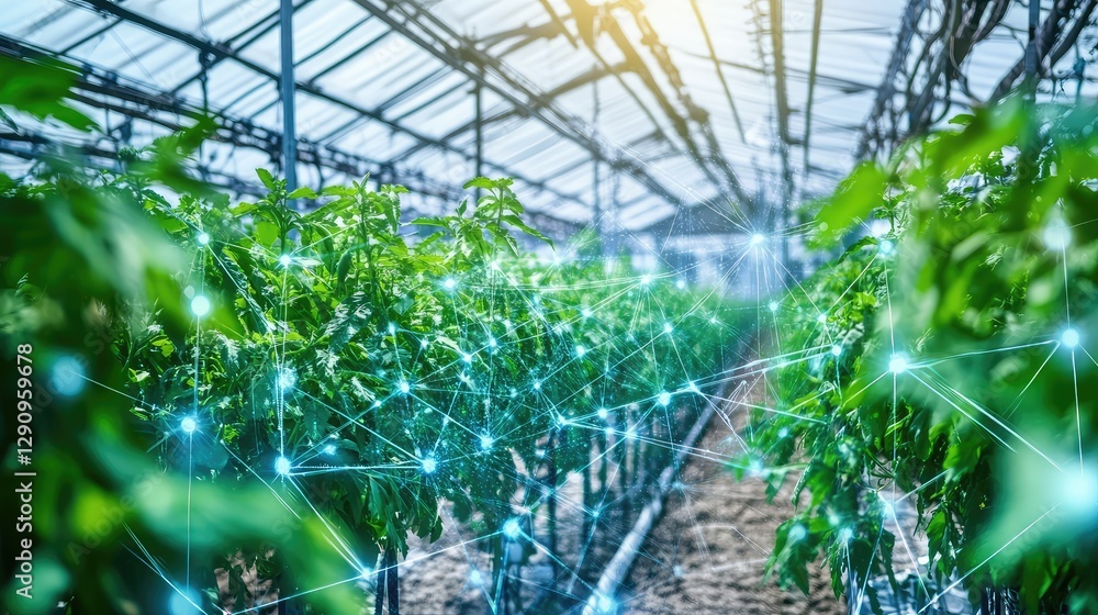 Poster smart irrigation system in action, delivering precise amounts of water to different crop sections, p