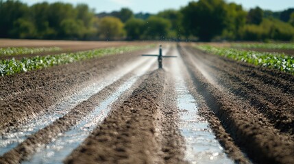 Smart irrigation system in action, delivering precise amounts of water to different crop sections, precision farming with space for copy.