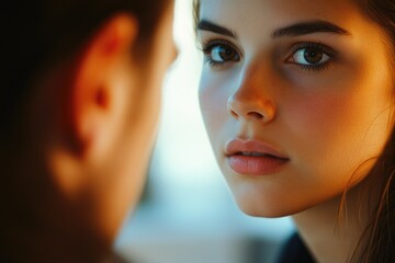 A woman looks closely at a man in a portrait style image