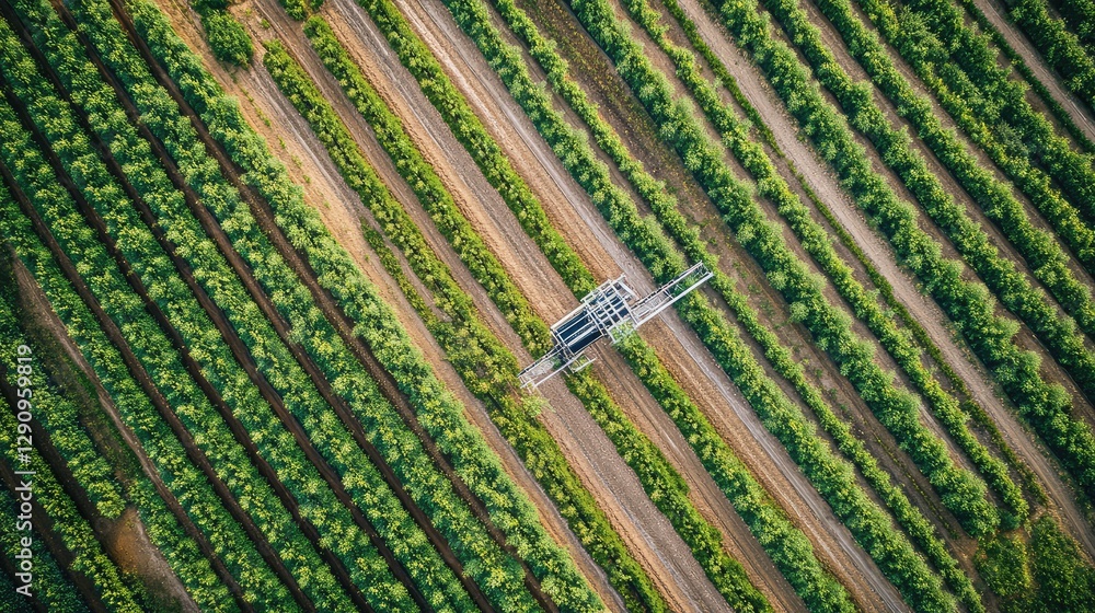 Poster smart irrigation system in action, delivering precise amounts of water to different crop sections, p