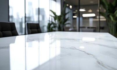 empty white marble tabletop with a blurred interior design of a modern office or medical clinic background, serving as a banner or product display template.