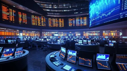 Busy financial center, trading floor at night, stock market data screens - Powered by Adobe