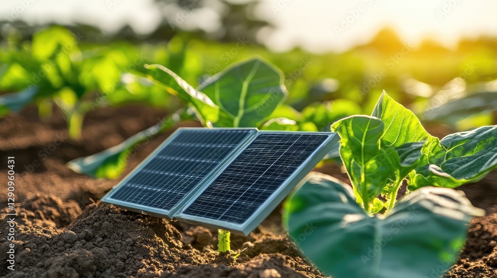 Aufkleber solar-powered sensors monitoring soil temperature in a large crop field, sustainable smart agricultu