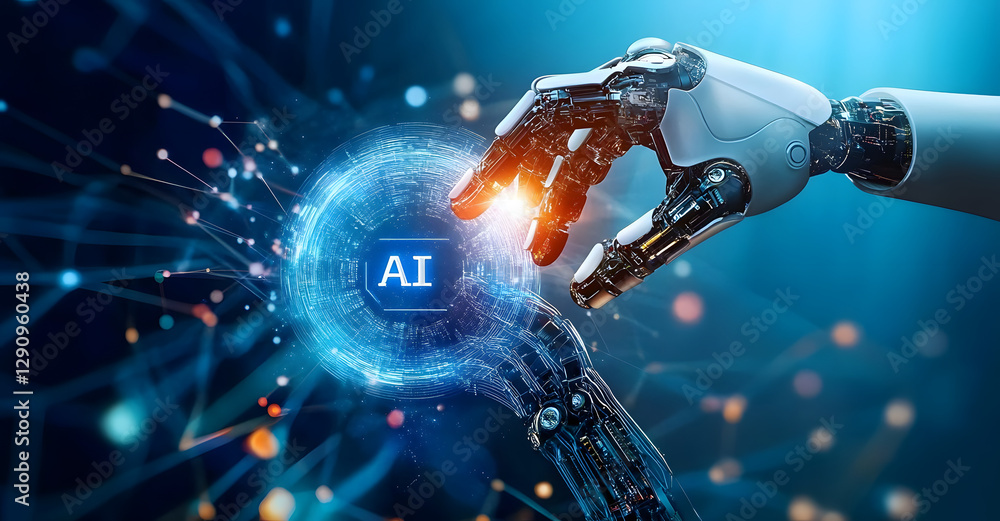 Poster .ai, machine learning, hand of robot and human touching on big data network connection, artificial i