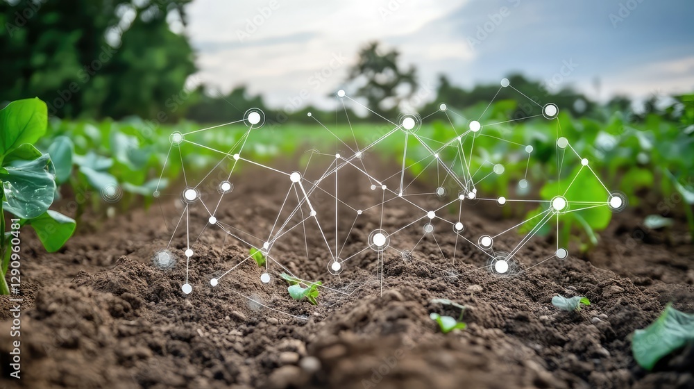 Aufkleber solar-powered sensors monitoring soil temperature in a large crop field, sustainable smart agricultu