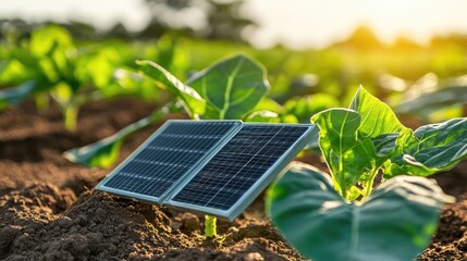 Fototapeta premium Solar-powered sensors monitoring soil temperature in a large crop field, sustainable smart agriculture with clear space for text.