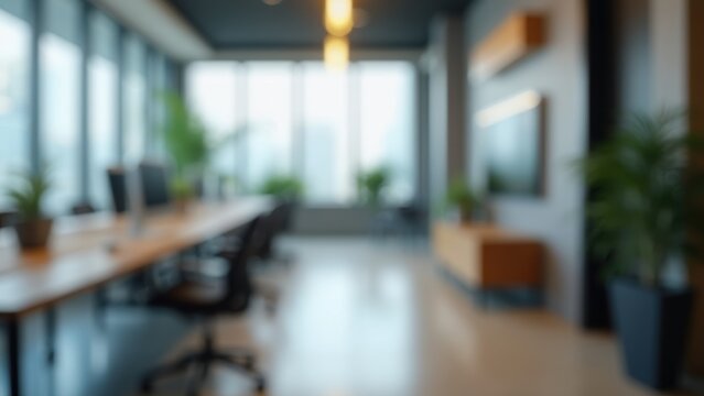Blurry image of a large office space with a few potted plants
