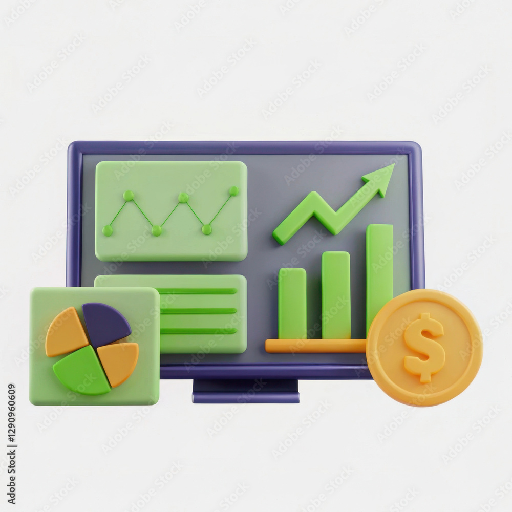 Poster a digital screen displays colorful charts and graphs, symbolizing finance and data analysis.