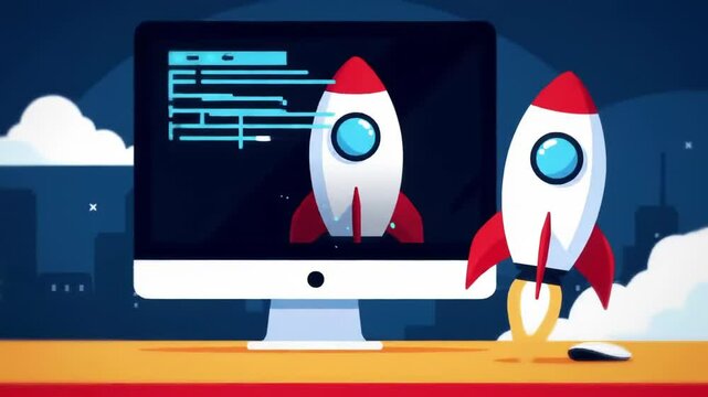 Computer screen displaying rocket launch illustration, Digital startup concept with colorful spaceship graphics, Business innovation and technology growth metaphor on dark cityscape background