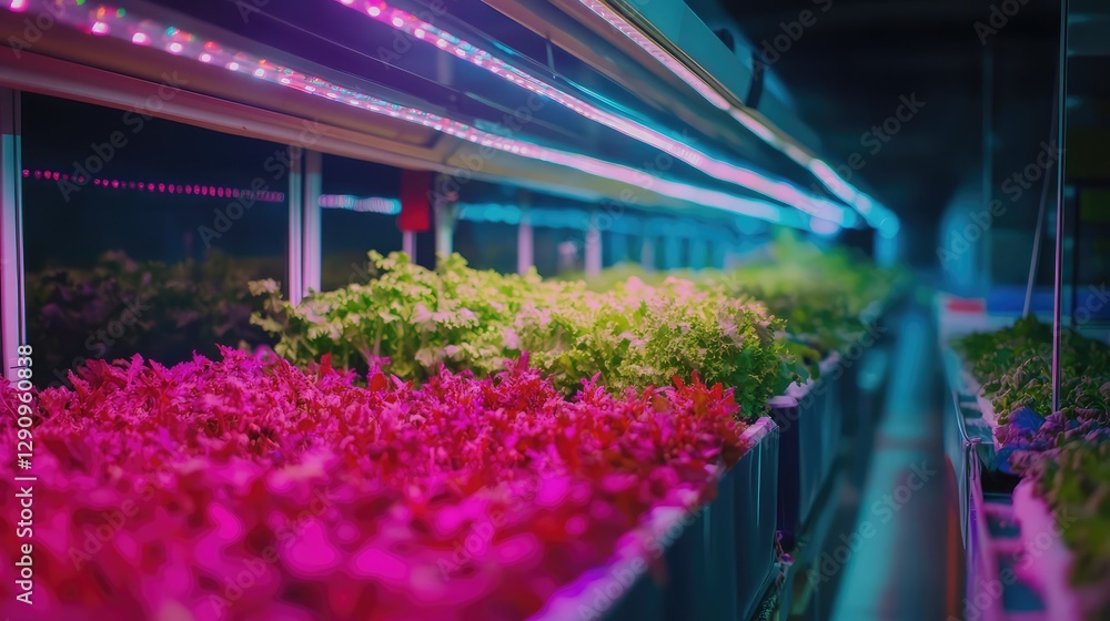 Poster vertical farm using led lighting and iot monitoring systems, futuristic smart farming innovation wit