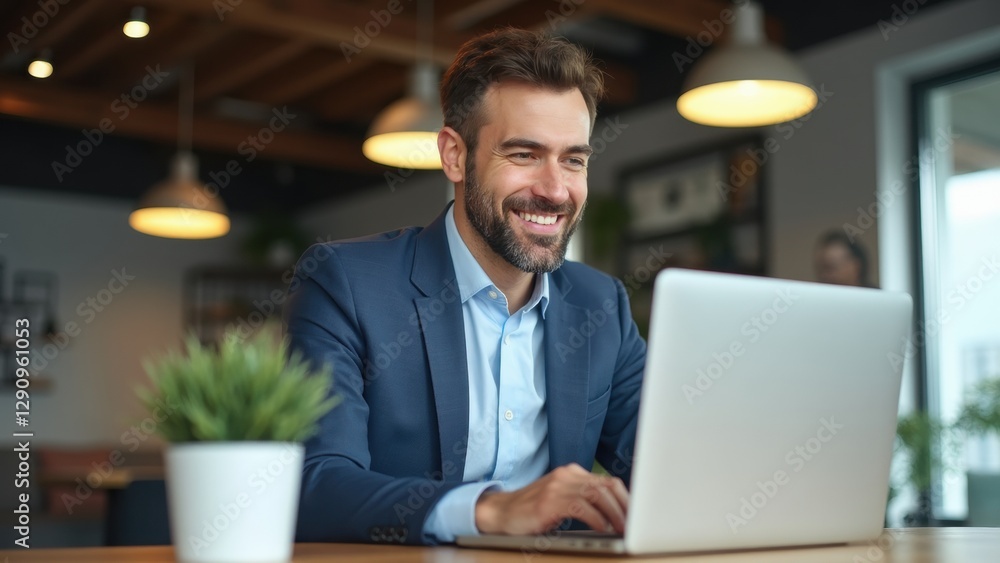 Poster man in a suit is smiling while using a laptop