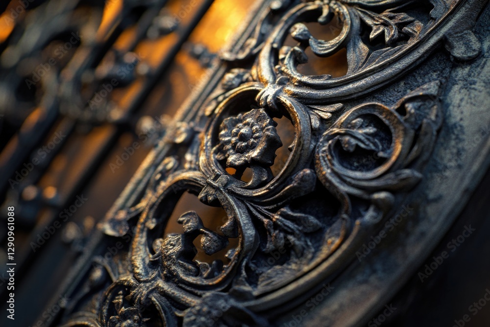 Poster close-up view of an ornate iron door with intricate details and patterns