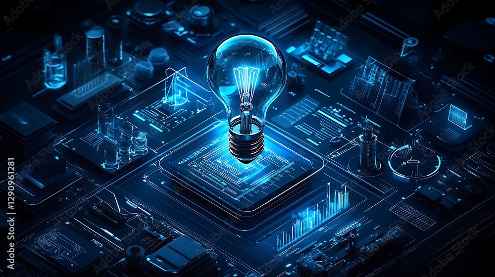 Poster glowing light bulb with charts and graphs, a glowing blue light bulb surrounded by various charts an