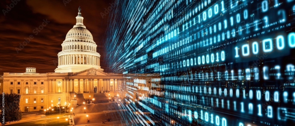 Poster Iconic capitol building surrounded by streams of binary code representing data flow