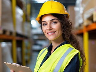 Warehouse worker with safety gear holding clipboard