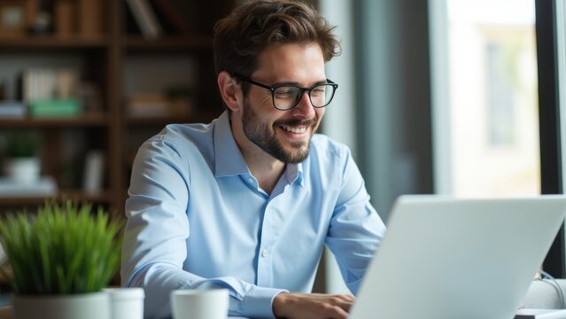 Man wearing glasses is smiling while using a laptop