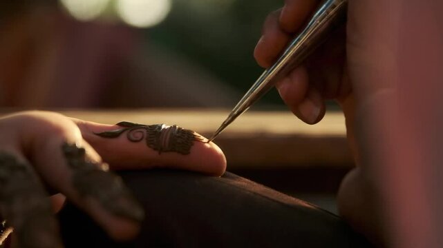 Closeup of a hand applying henna design on a female fingers