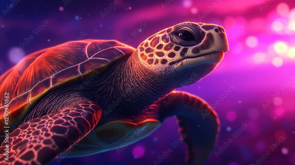 Poster colorful sea turtle swimming in vibrant ocean background with bokeh effect