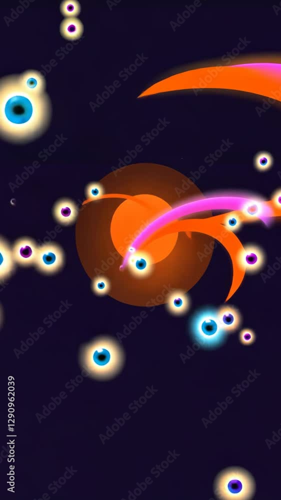 Poster A colorful image of a planet with many small dots surrounding it. The planet is orange and has a large eye in the center