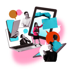 Business professionals engaged in meeting through digital devices, interacting with speech bubbles...