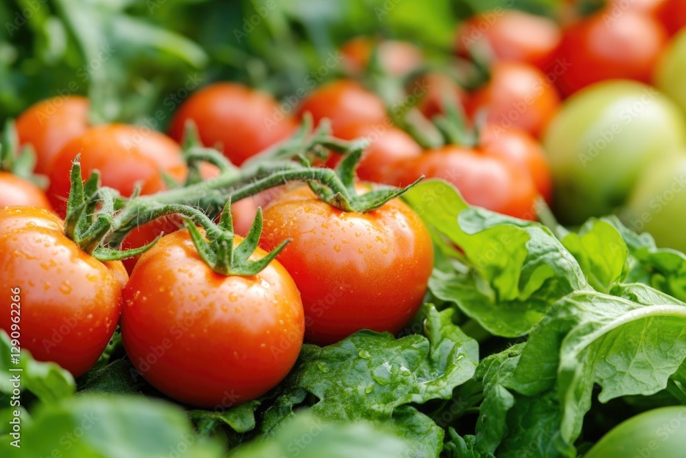 Poster a collection of ripe tomatoes resting on a bed of crisp lettuce