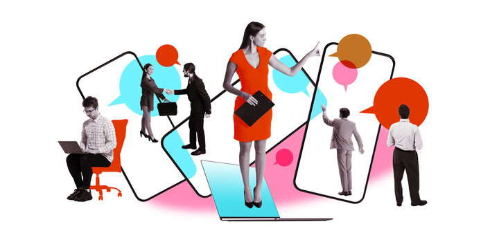 Corporate team engaging in remote communication through mobile devices, speech bubbles. Concept of collaboration, networking, and digital business interaction, communication. Creative art collage