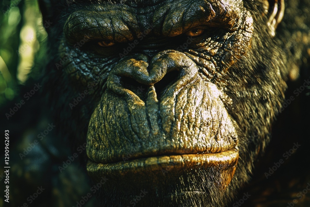 Poster a close-up view of a gorilla's face in its natural habitat, suitable for use in wildlife or conserva
