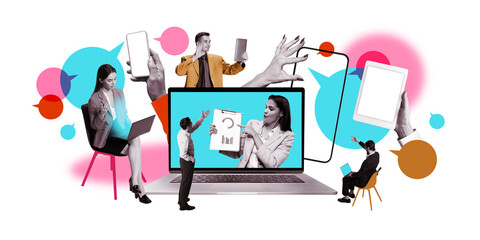 Professionals engaged in work through digital devices, exchanging business ideas with speech bubbles, collaborating on reports. Teamwork, remote work, modern business networking concept. Art collage