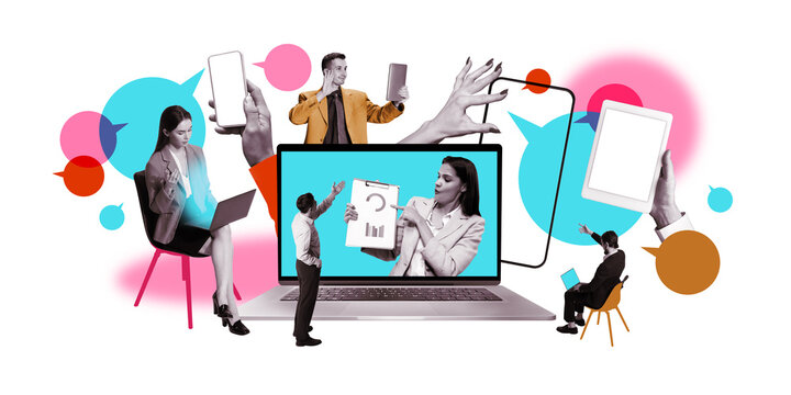 Professionals engaged in work through digital devices, exchanging business ideas with speech bubbles, collaborating on reports. Teamwork, remote work, modern business networking concept. Art collage