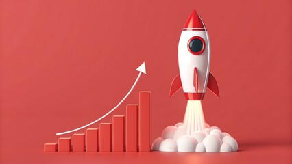 Rocket launching beside growing bar chart.