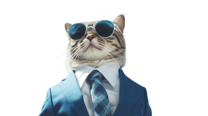 Dapper Cat with Sunglasses and Formal Attire on PNG Transparent Background. Smart, Confident, Playful, Funny, Feline
