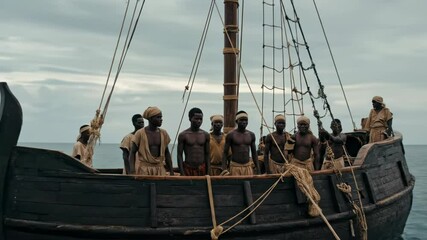 Historical depiction of enslaved people on wooden ship deck, transatlantic slave trade era representation, educational visual for colonial history and human rights studies