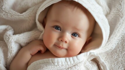 A close-up of a baby wrapped in a white towel, looking at the camera.