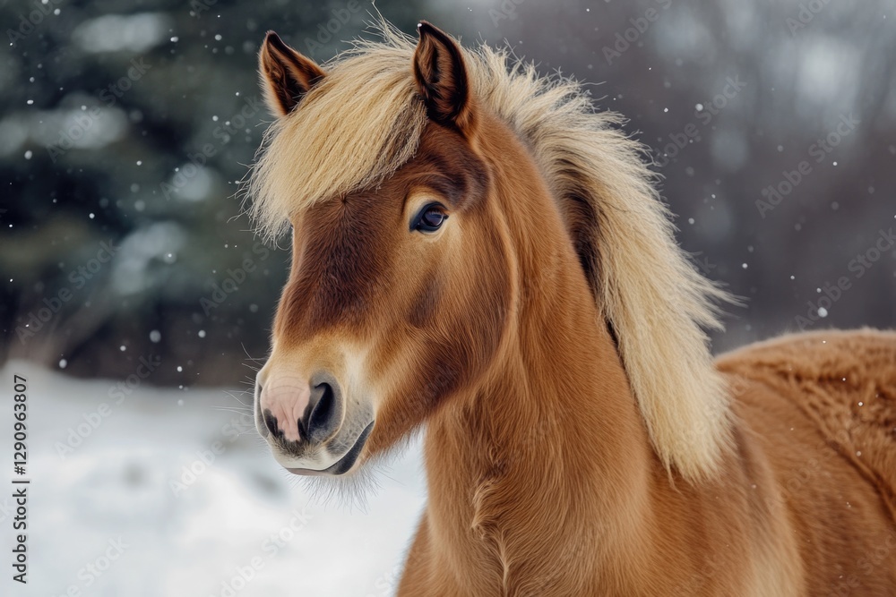 Poster close-up shot of a horse's face covered in snow, with a calm expression