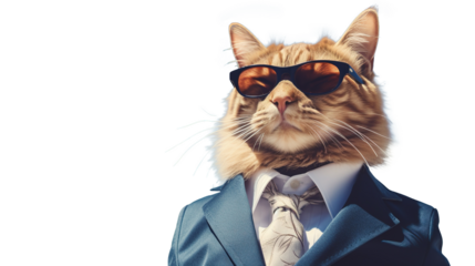 Business Cat Dressed in Suit and Shades on PNG Transparent Background. Success, Trendy, Elegant, Charming, Corporate, Adorable
