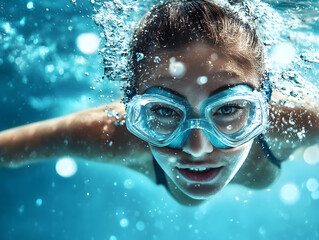 Fototapeta premium Cheerful Woman Swimming Underwater in a Pool Wearing Goggles