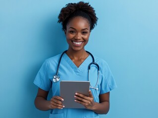 nurse in blue scrubs smiling while holding an iPad against a light blue background, professional color grading