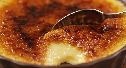 A caramelized creme brulee with a crispy sugar top and a spoon breaking through