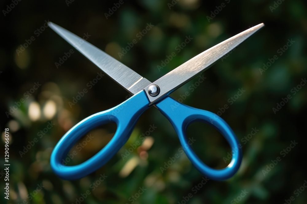 Poster a pair of blue scissors sitting high up on the branch of a tree, perhaps used for pruning or craftin