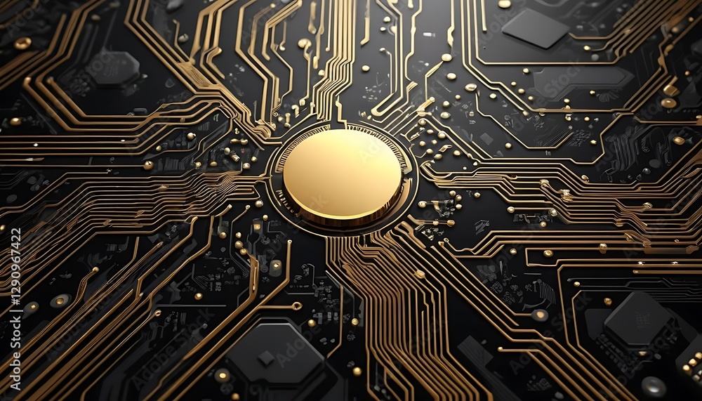 Poster a gold and black circuit board illustrating complex network architecture