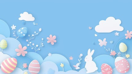 Easter eggs, rabbits, and clouds in pastel colors on blue background. Flat design, paper cut style. Perfect for ads, social media, web design, or greeting cards.