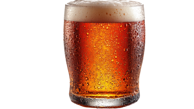 Cheers to Refreshment: A close-up studio shot of a frosty pint glass, overflowing with amber liquid, capped with a foamy head and condensation drops. This image radiates refreshment and indulgence